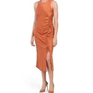 House of Harlow 1960 Auburn Burnt Orange Satin Cinched Midi Dress